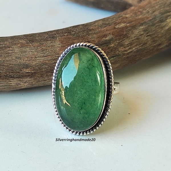 Handmade Oval Green Jade Ring: 925 Sterling Silver Boho Ring