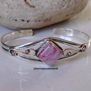 Handmade Pink Moonstone Bangle: 925 Sterling Silver Adjustable Gemstone Bangle