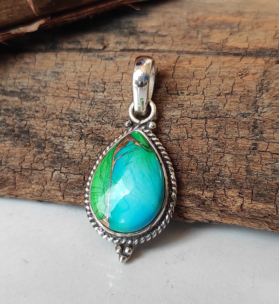 【本物】turquoise stone ネックレスチャーム　silver925 Green Dahlia Turquoise Pendant: Handmade Sterling Silver Gemstone