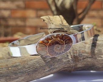 Ammonit Fossil Armreif: Handgemachter 925 Sterling Silber Armreif, Verstellbar