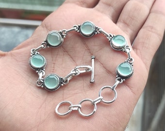 Aqua Chalcedony Bracelet: Handmade 925 Sterling Silver Adjustable Gemstone Pendant