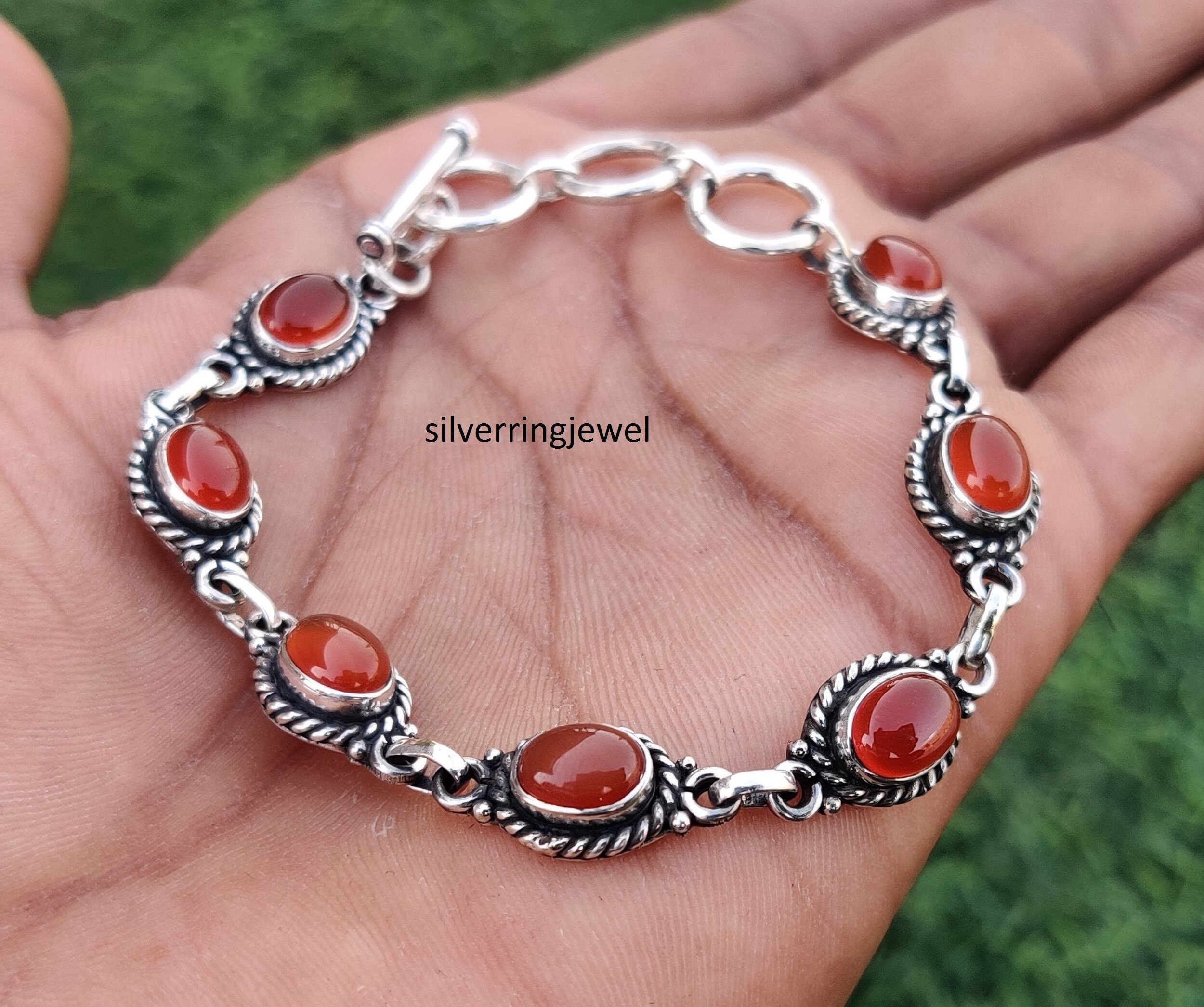 Bracelet En Argent Sterling 925 Avec Cornaline - Fait Main, Réglable, Longueur 7-8 Pouces
