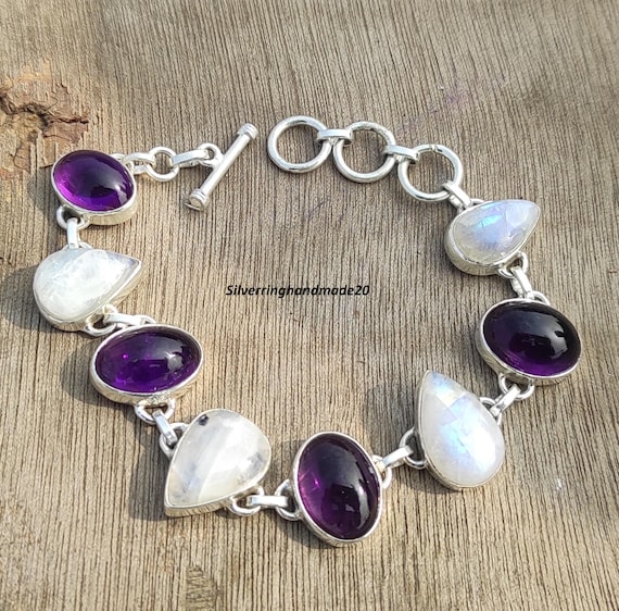 Amethyst Moonstone Bracelet: Handmade 925 Sterling Silver
