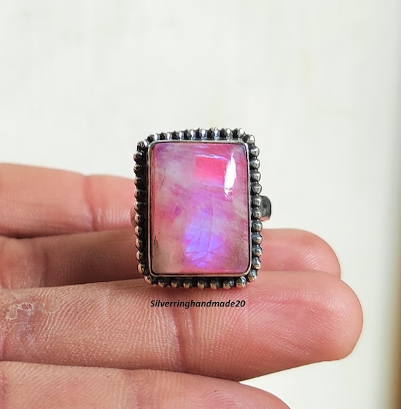 ピンクムーンストーンリング：ハンドメイド925スターリングシルバーの 