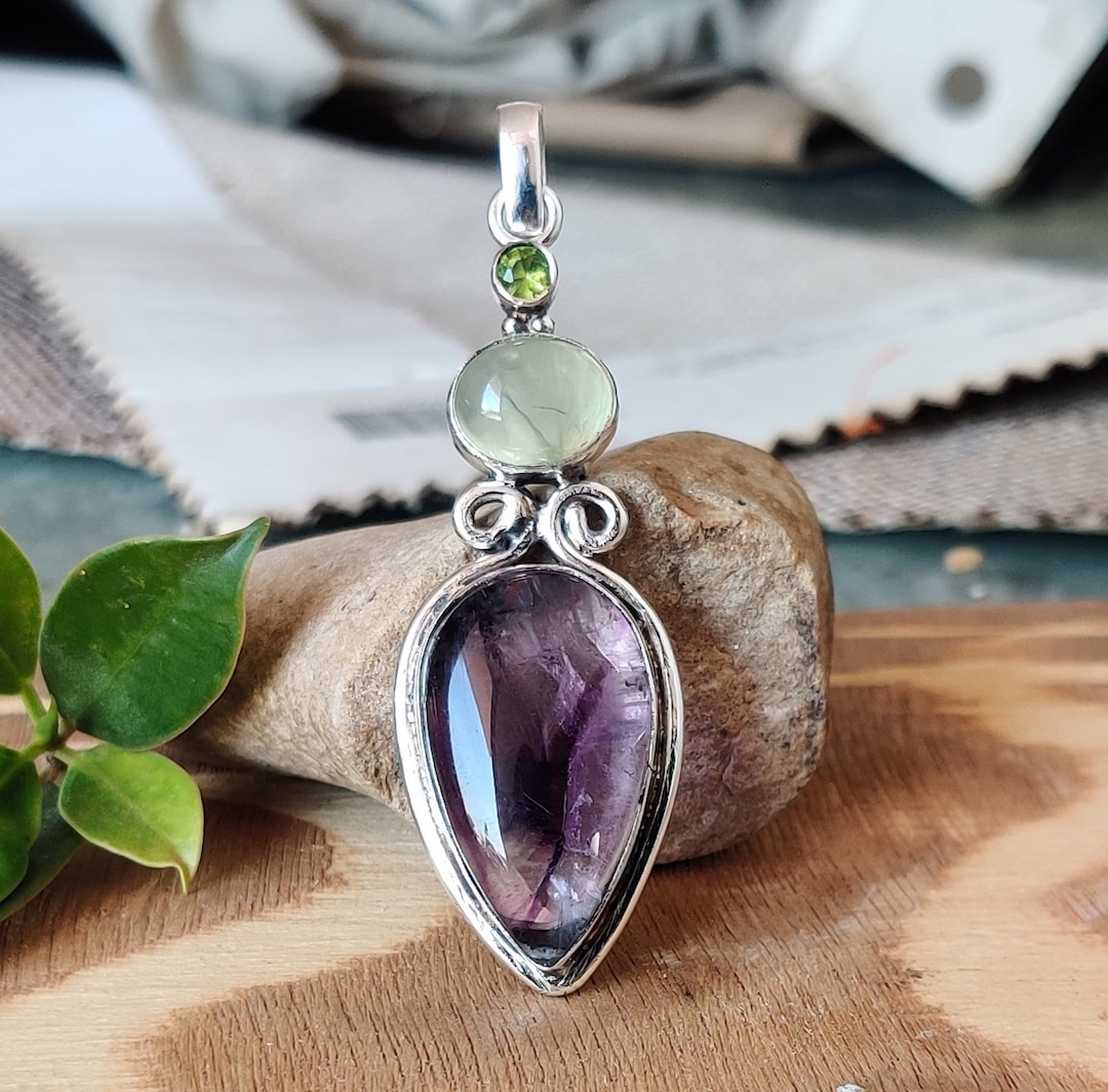Amethyst, Prehnite & Peridot Pendant: Handmade Sterling Silver Gemstone ...