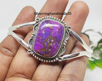 Handmade Purple Copper Turquoise Bangle: Gemstone 925 Sterling Silver, Gifts For Wife
