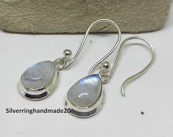 Rainbow Moonstone Gemstone Earrings, 925 Sterling Silver, Handmade Dongle Jewelry
