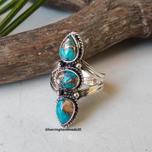 Oyster Copper Turquoise Ring: Handmade 925 Sterling Silver Three Stone ...