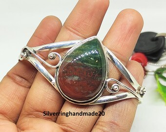 Handmade Bloodstone Gemstone Bangle, 925 Sterling Silver, Adjustable Jewelry