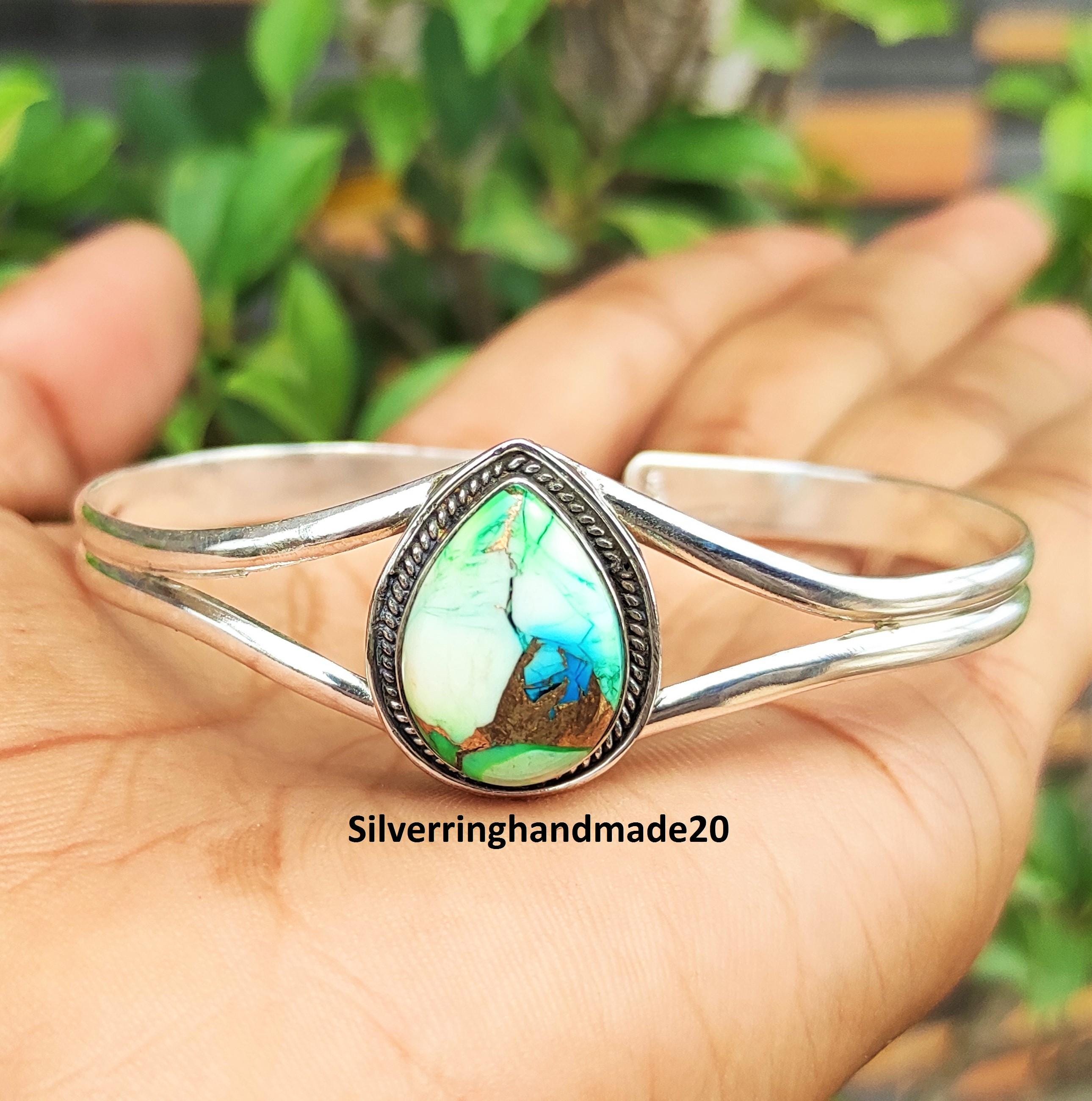 Peacock Dahlia Turquoise Bangle: Handmade 925 Sterling Silver