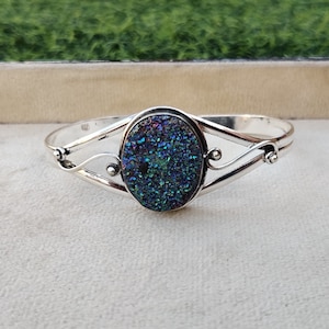 Titanium Druzy Cuff Bracelet, Natural Geode Stone Jewelry, Druzy 925 Sterling Silver Bangle, Silver Druzy Bracelet, Gift For Her, Wedding