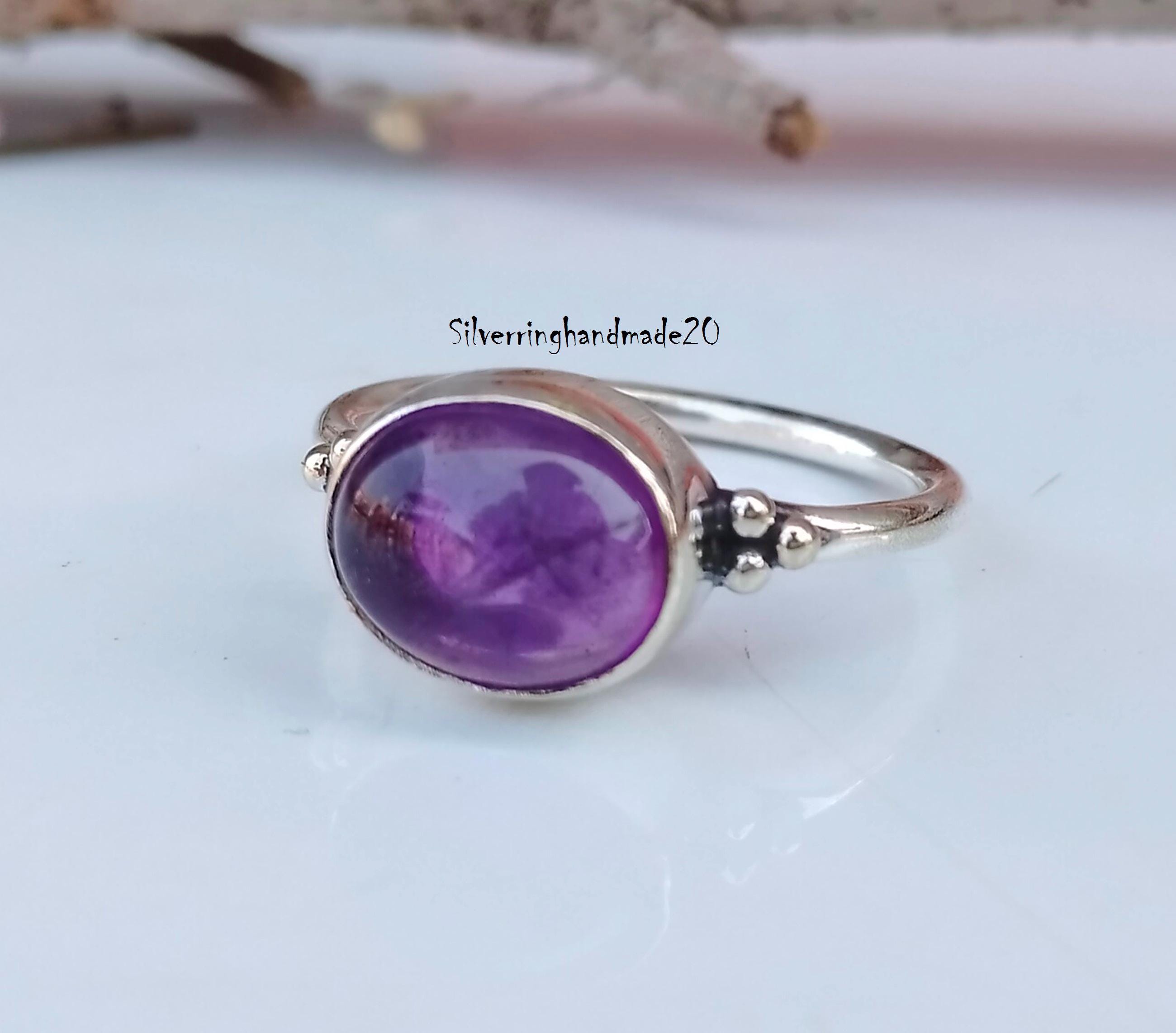 Oval Amethyst Vintage Ring - 925 Sterling Silver Boho Chic Jewelry For Women (Size 9) - View #9
