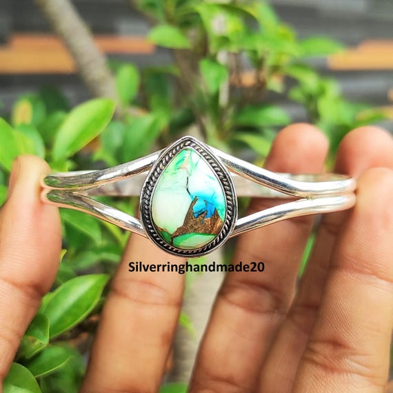 Peacock Dahlia Turquoise Bangle: Handmade 925 Sterling Silver