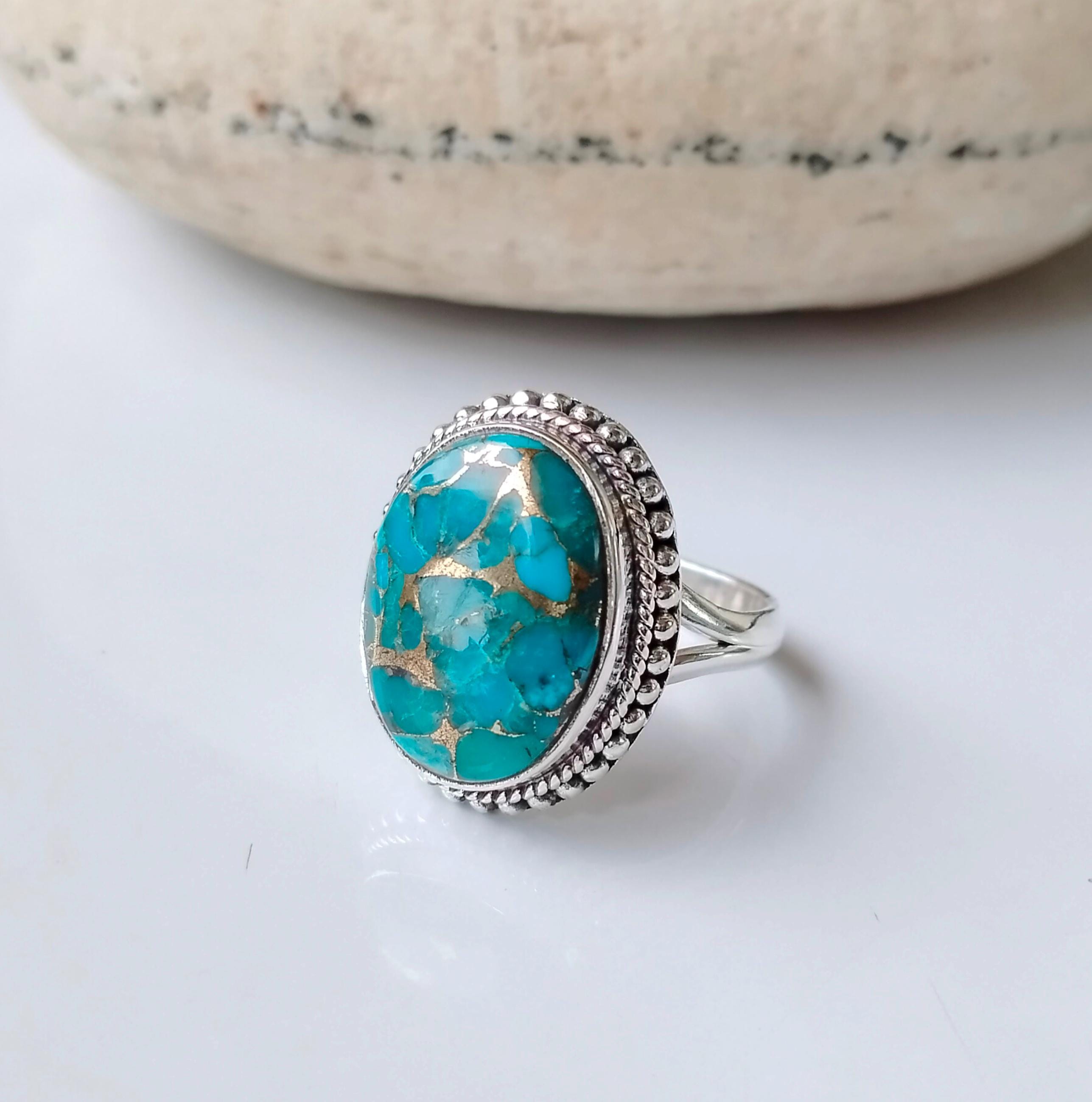 Blue Copper Turquoise Ring: Handmade 925 Sterling Silver Statement
