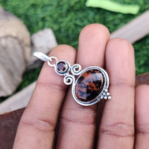 Handcrafted Mahogany Obsidian Pendant: 925 Sterling Silver Necklace
