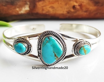 Mohave Turquoise Bangle, 925 Sterling Silver, Adjustable Handmade Jewelry