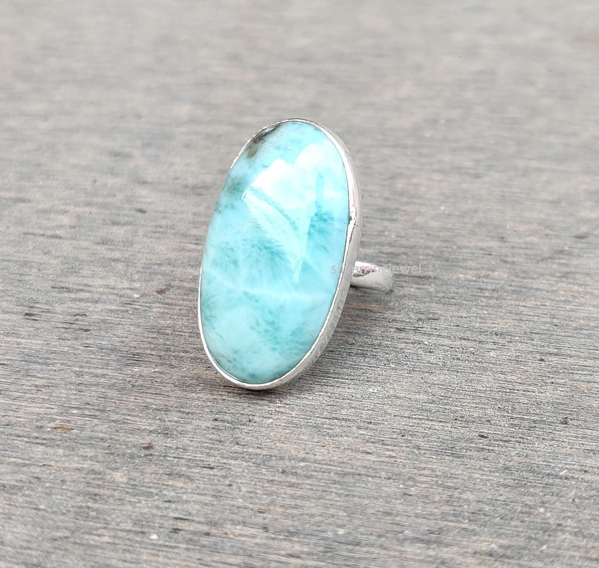 Oval Larimar Ring: Handmade 925 Sterling Silver Band