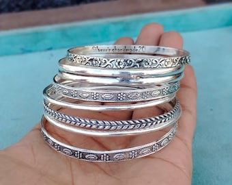 Handmade Sterling Silver Bangle Set: Plain & Designer Bangles