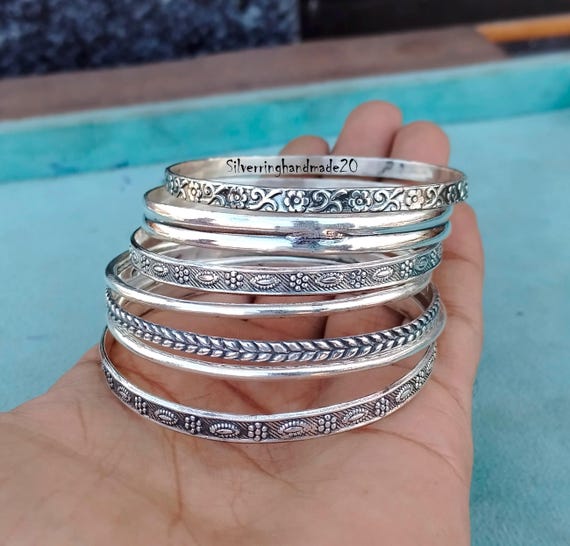 Handmade Sterling Silver Bangle Set: Plain & Designer Bangles - Etsy