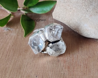 Herkimer Diamond Ring: Natural 3-Stone 925 Sterling Silver Band