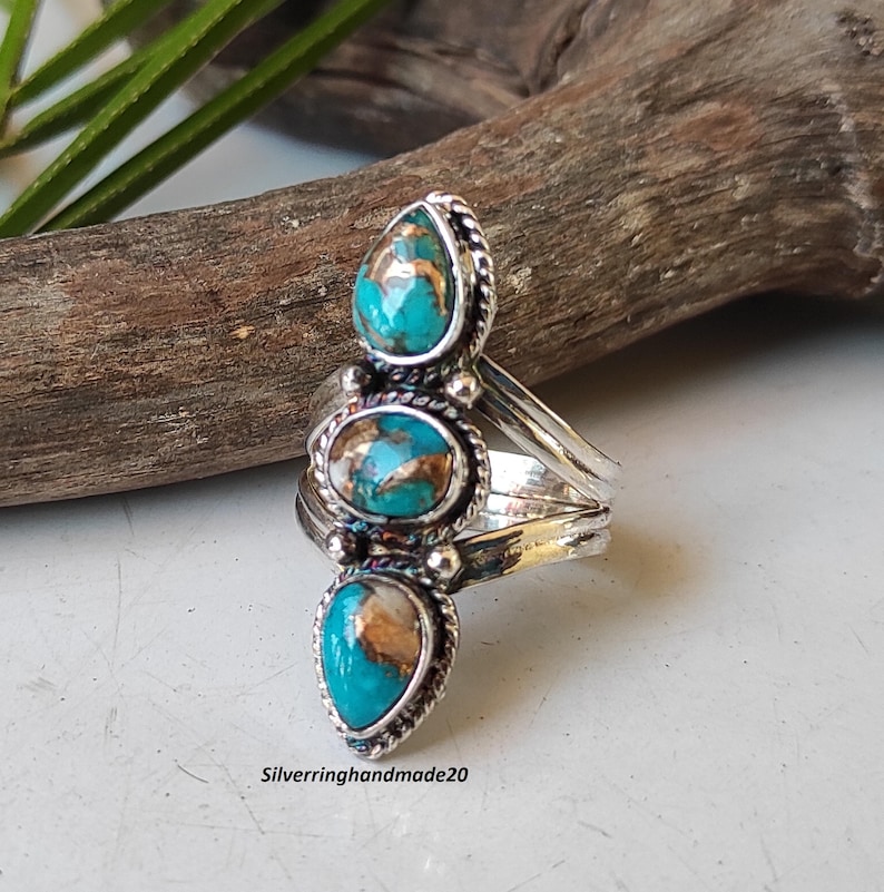 Oyster Copper Turquoise Ring: Handmade 925 Sterling Silver Three Stone ...