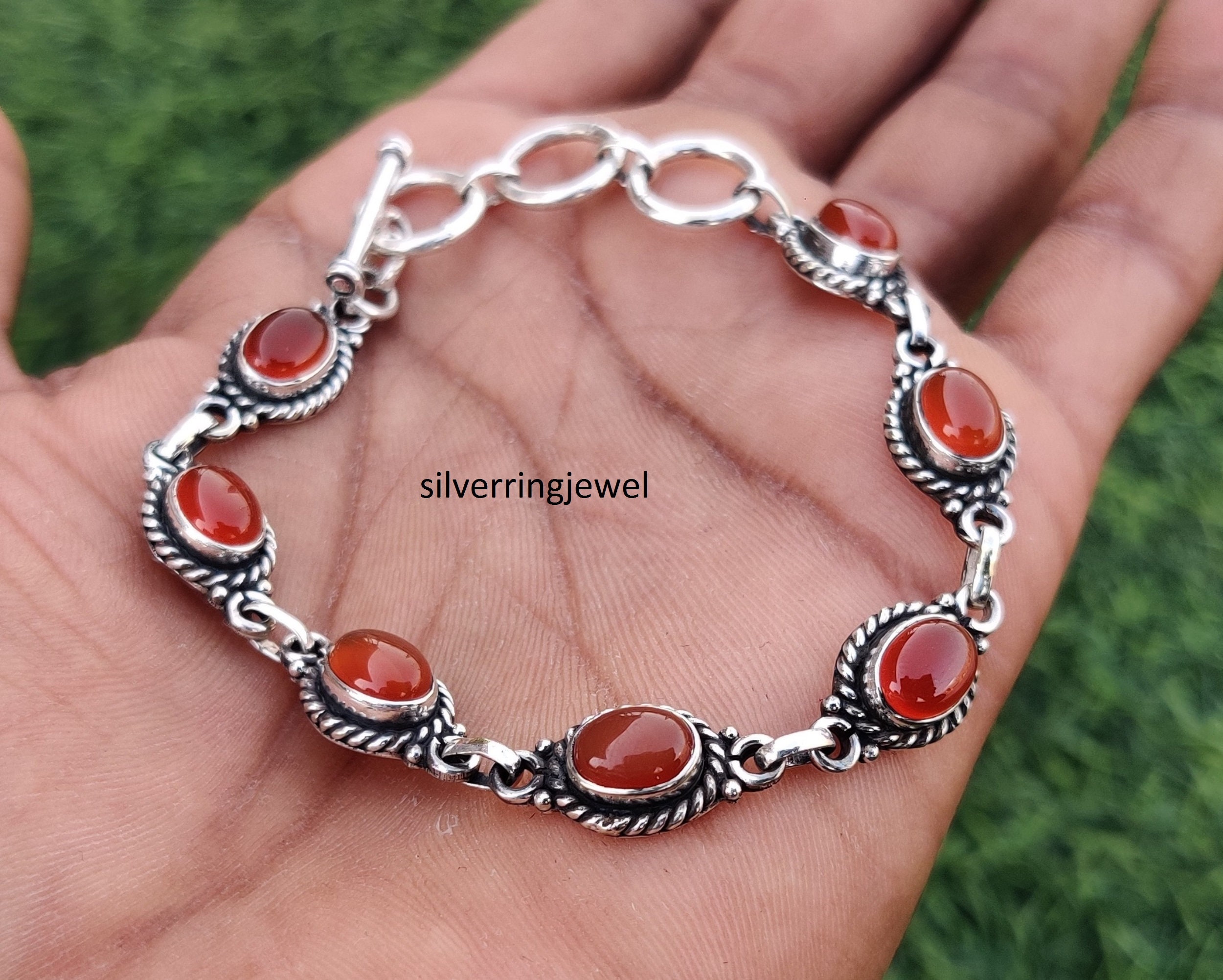 Bracelet Imposant En Cornaline Et Argent 925 - Neuf Avec étiquettes - Bijou Ethnique Et Puissant