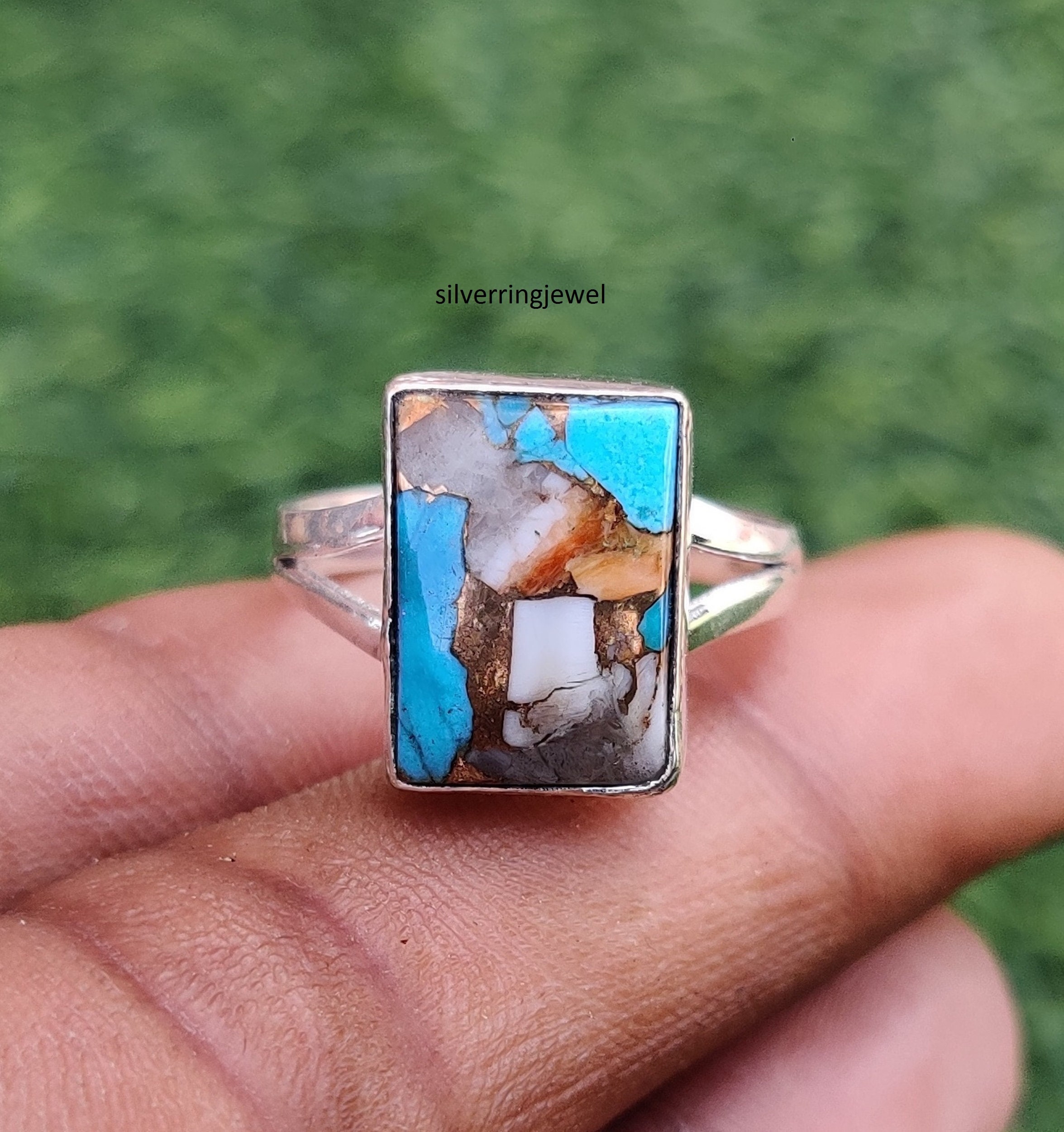 Oval Spiny Oyster Copper Turquoise Sterling Silver Ring | December Birthstone Ring | Multi Colored Turquoise Ring - Gilded Bug Jewelry