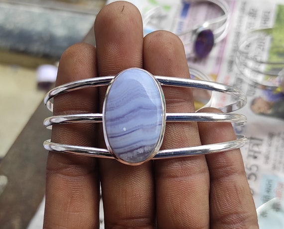 Bracelet Manchette Argent Sterling 925 Avec Agate Rubanée - Fait Main Réglable