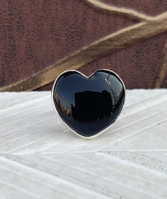 ハートブラックオニキスリング：925スターリングシルバーバンド 