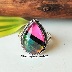 Handmade Pear Shape Ammonite Fossil Ring: 925 Sterling Silver Gemstone Aurora Fire Opal