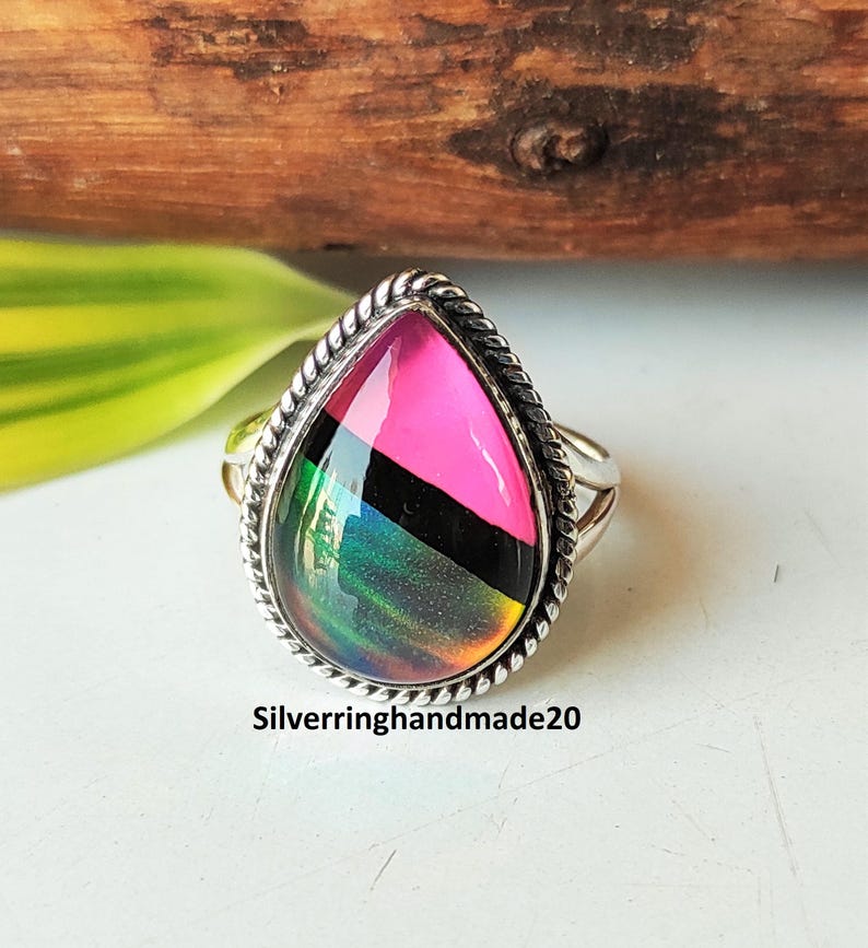 Handmade Pear Shape Ammonite Fossil Ring: 925 Sterling Silver Gemstone Aurora Fire Opal