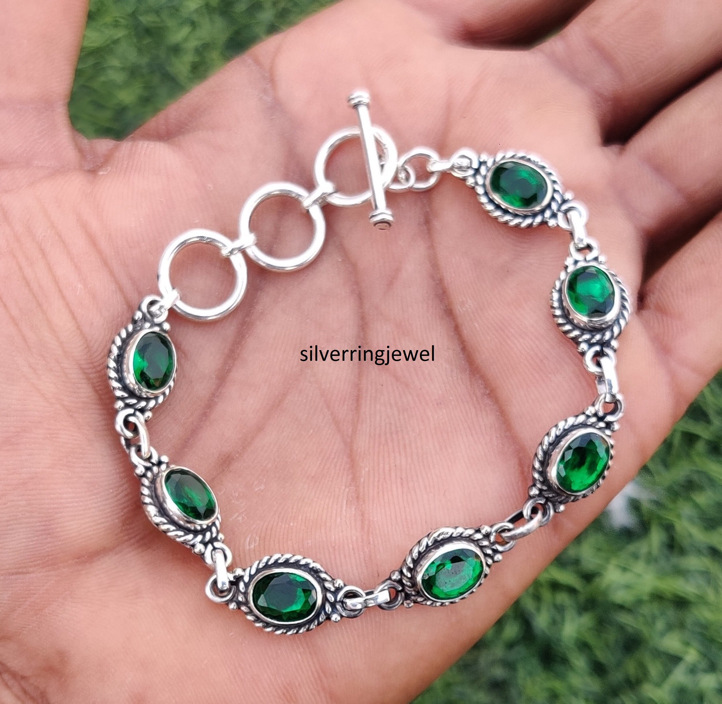 Green Onyx Sterling Silver Bracelet: Handmade Oval Gemstone