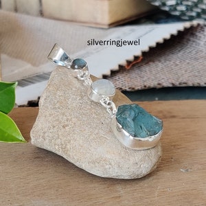 Raw Aquamarine Sterling Silver Pendant: Moonstone & Labradorite Accent