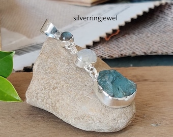 Raw Aquamarine Sterling Silver Pendant: Moonstone & Labradorite Accent