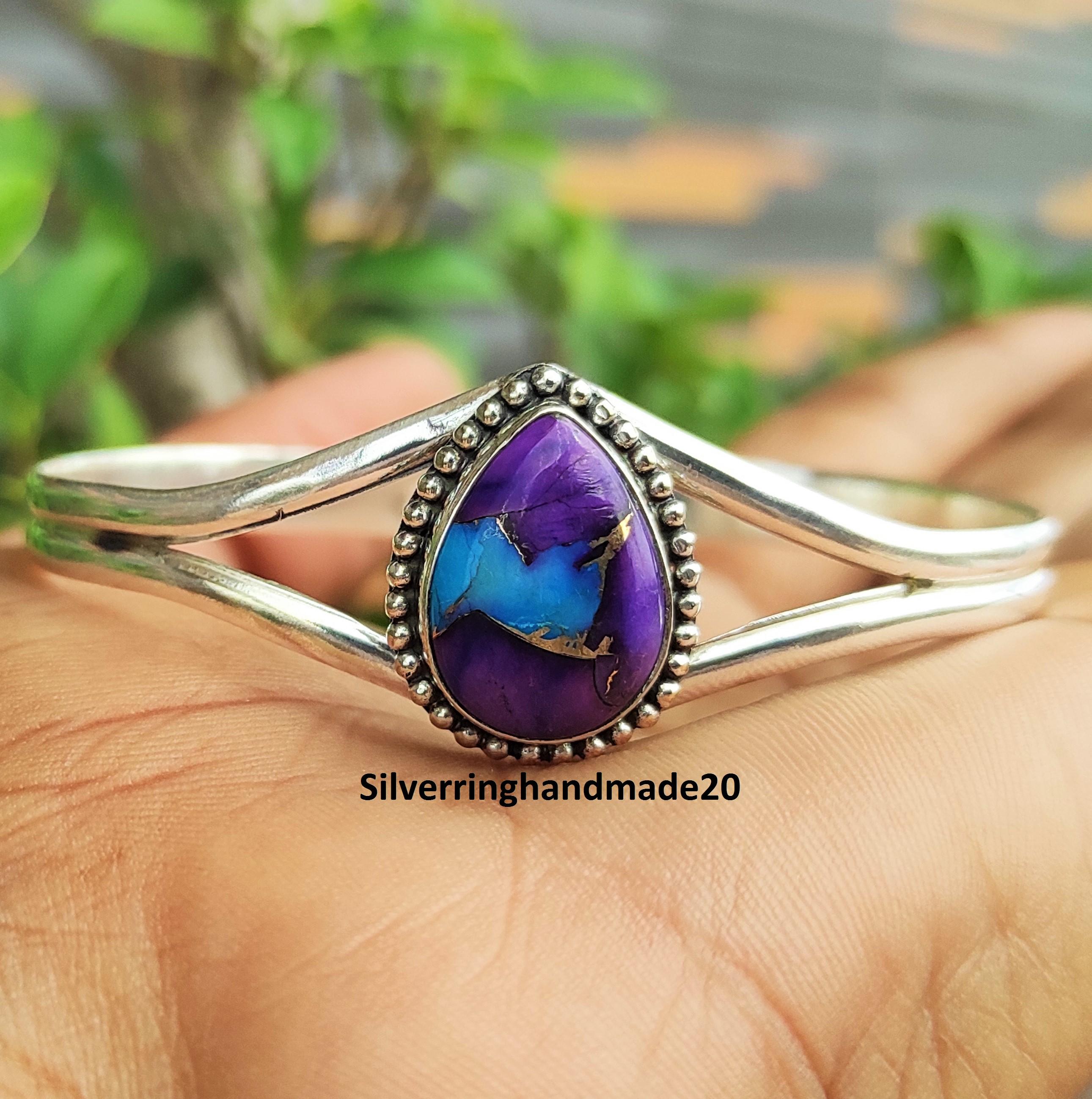 Purple Dahlia Turquoise Bangle, 925 Sterling Silver, Gemstone Handmade Jewelry