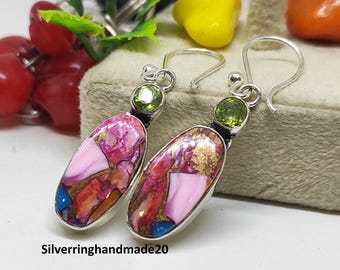 Pink Copper Turquoise & Peridot Earring, Handmade 925 Sterling Silver Gemstone