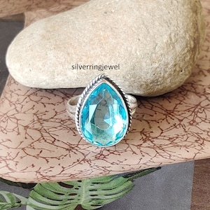 Handmade Pear-Shaped Blue Topaz Ring: 925 Sterling Silver Band