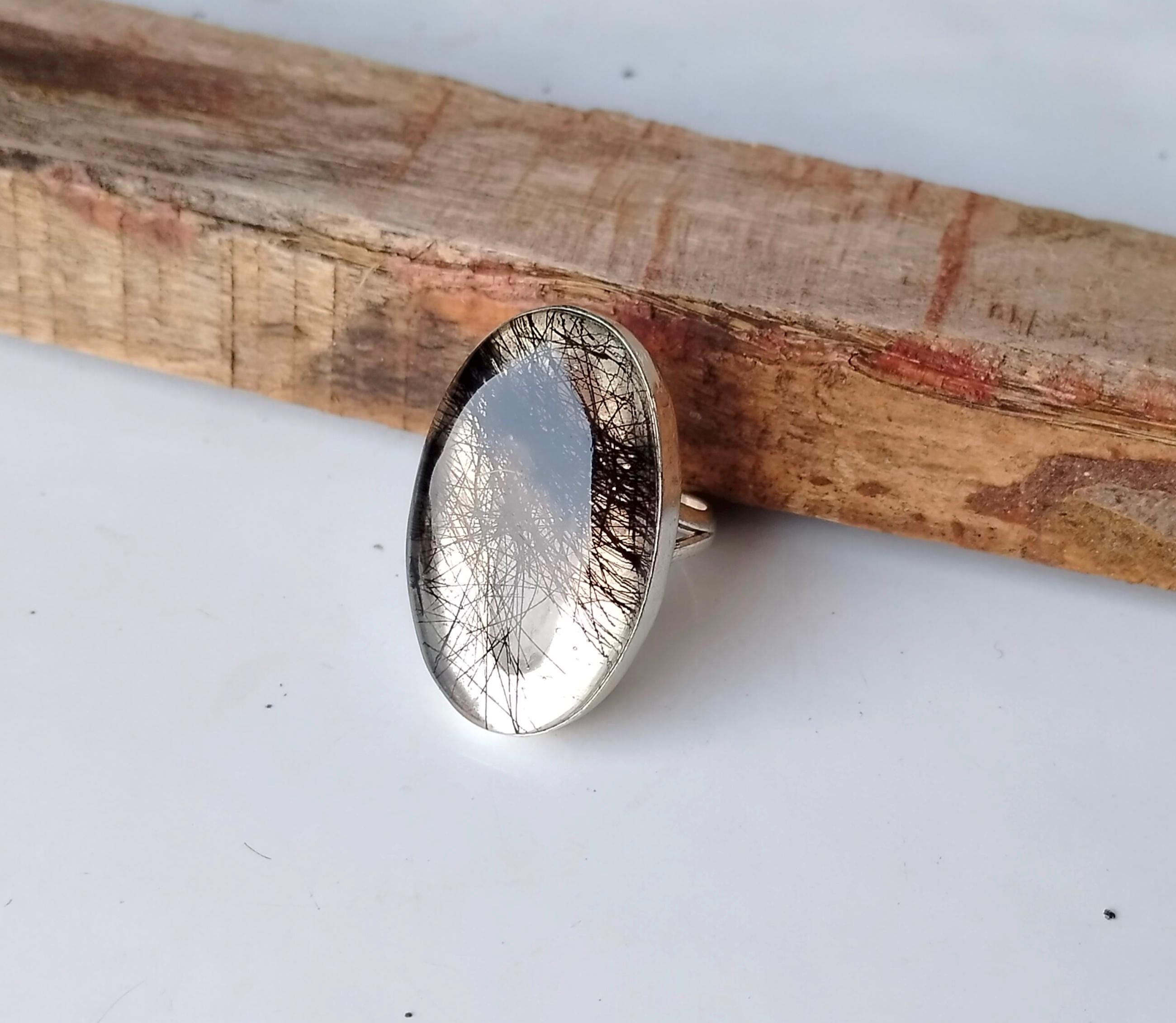 Handmade Black Rutile 925 Sterling Silver Band Ring