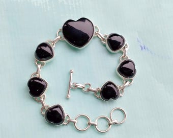 Heart Black Onyx Bracelet: Handmade 925 Sterling Silver Adjustable Gemstone Bracelet