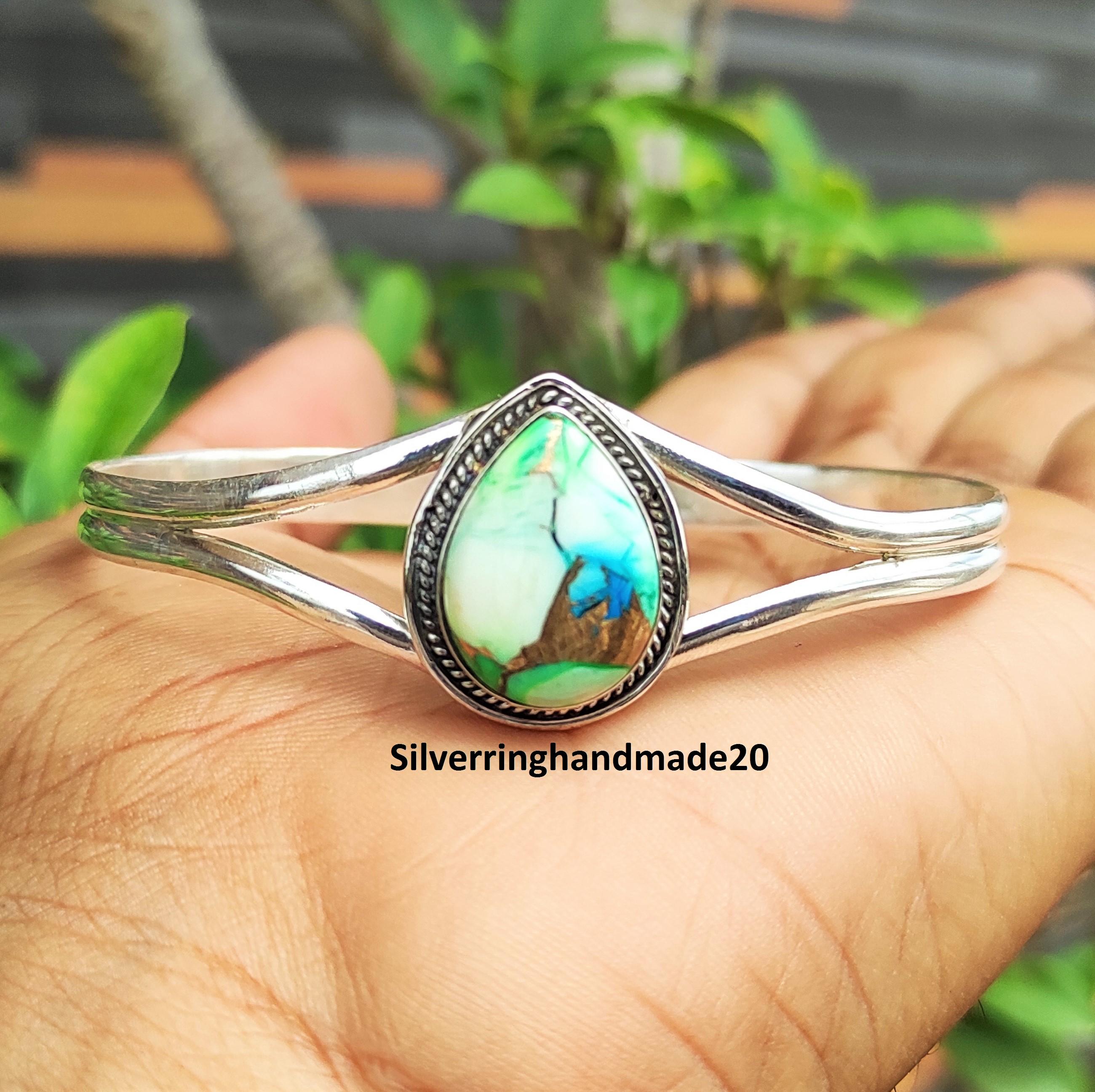 Peacock Dahlia Turquoise Bangle: Handmade 925 Sterling Silver