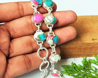 Handmade Cotton Candy Turquoise Bracelet, 925 Sterling Silver, Adjustable Gemstone Jewelry