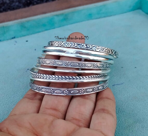 Handmade Sterling Silver Bangle Set: Plain & Designer Bangles