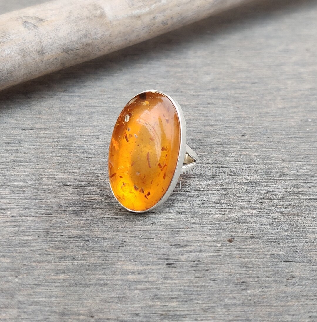 オーバルバルト海産琥珀リング：ハンドメイド925スターリングシルバー