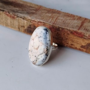 Oval Dendritic Opal Ring: Handmade 925 Sterling Silver Boho Band