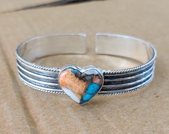 Heart Oyster Copper Turquoise Bangle: Handmade 925 Sterling Silver