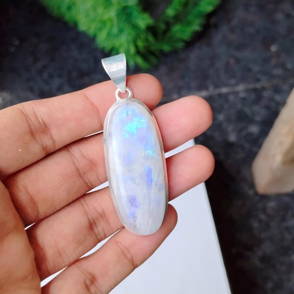 Handmade Rainbow Moonstone Pendant: Oval Sterling Silver Charm