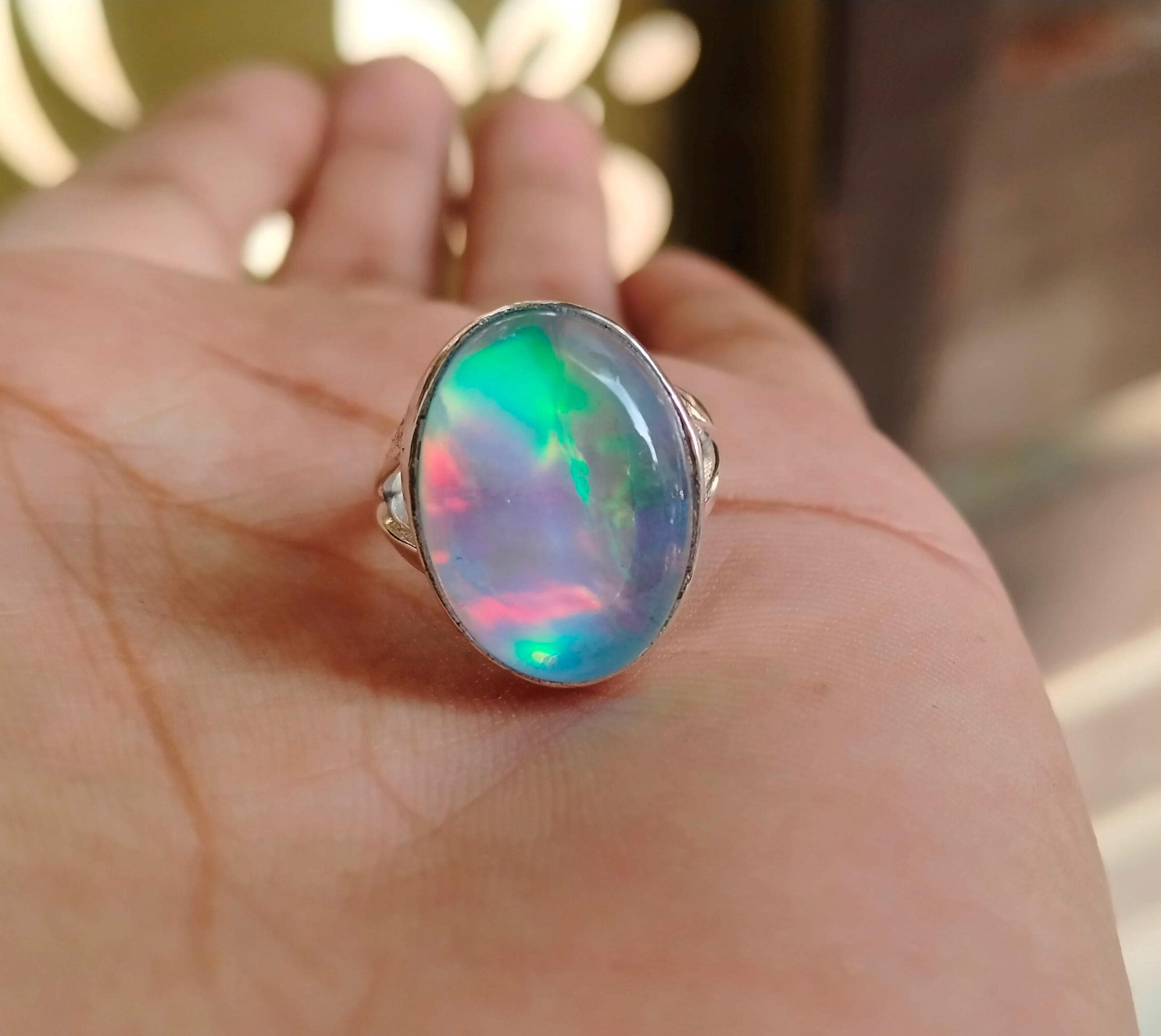 Grande Grosso Anello Con Opale Full Flash In Argento Sterling 925, Misura 6,25, Regalo Fantasia Per Il Suo Anniversario Di Matrimonio - Italia - Foto 10