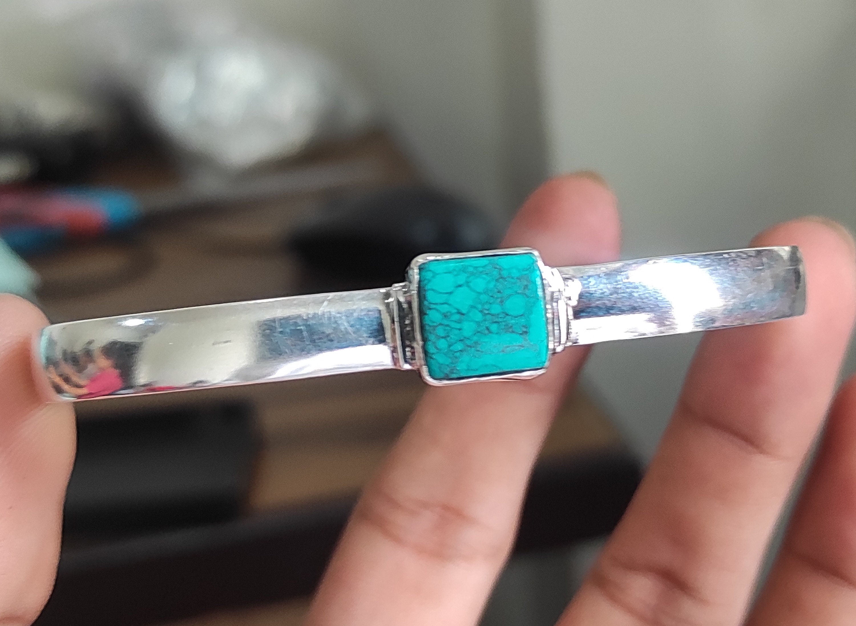 Bracciale Argento 925 Con Turchese Lab-Created - Fatto A Mano India, Taglia Regolabile 7-8" - 5