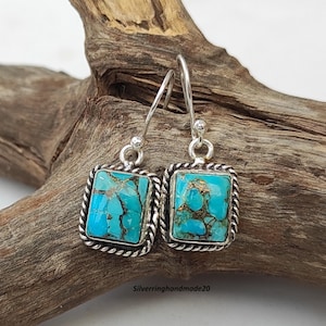 Handmade Blue Copper Turquoise Earrings: 925 Sterling Silver