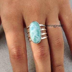 Handmade Oval Larimar Ring: 925 Sterling Silver Band